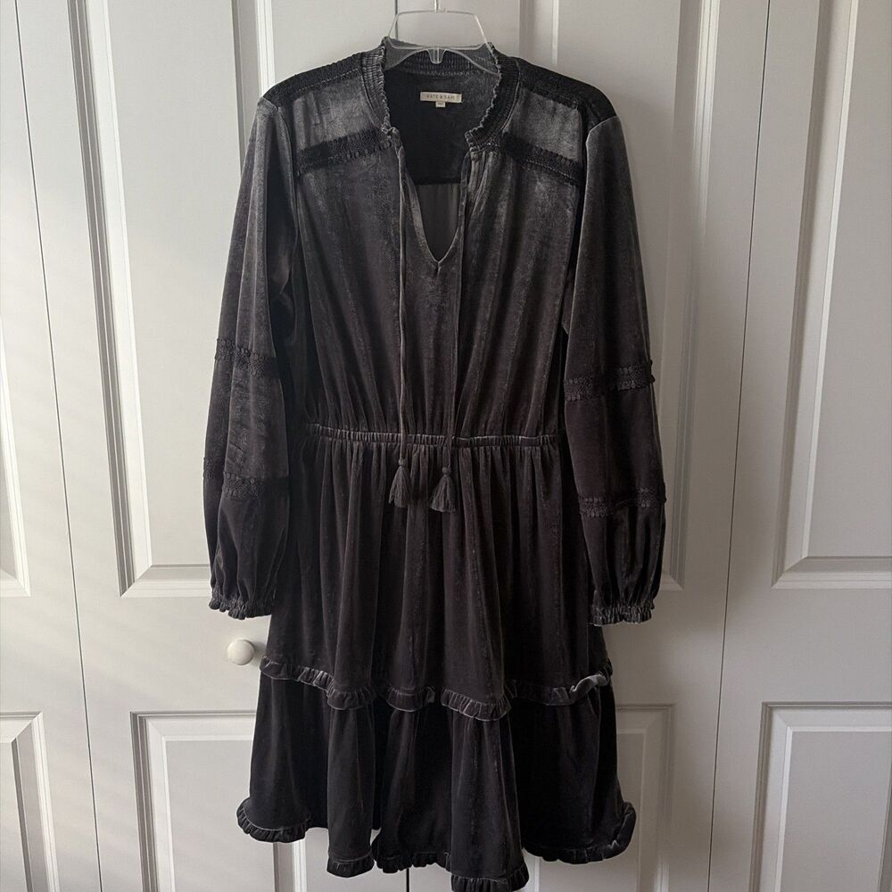Kate & Sam Whimsygoth Dress Velvet Grey Large Tiered Dress Witchy Boho Stretch